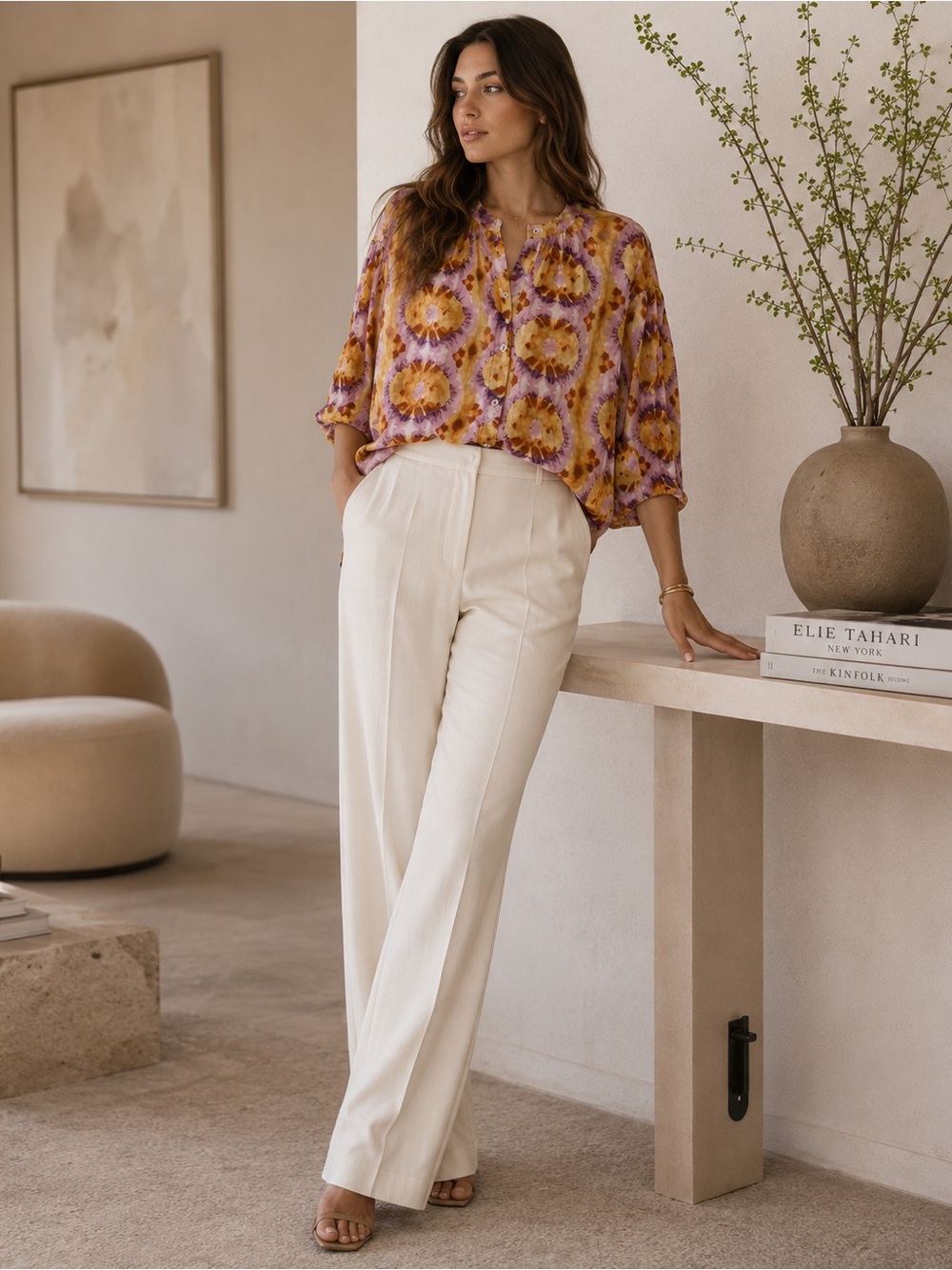 ELIE. ELIE TAHARI New Abstract Print Button Up Collarless Top Shirt SMALL Multic
